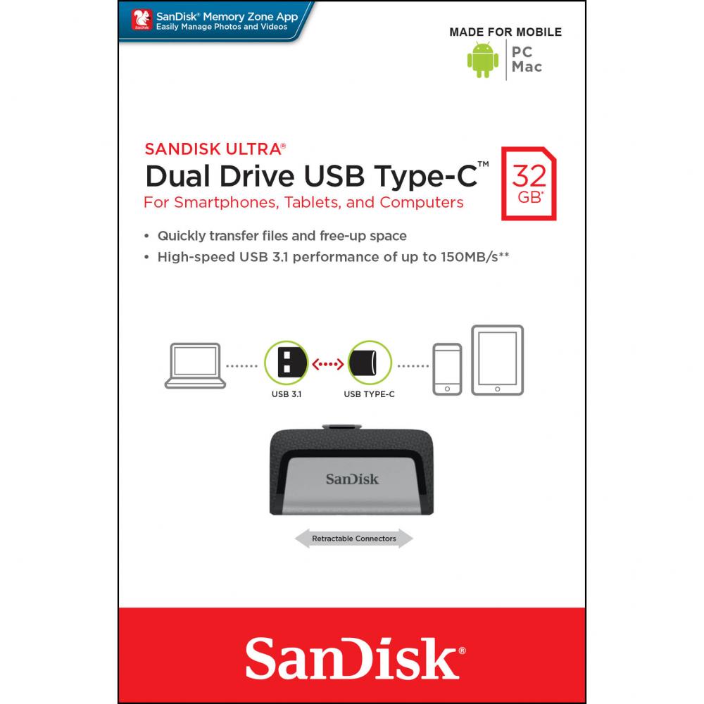 SanDisk SanDisk USB-minne 3.1 Ultra Dual 32 GB Typ C - Teknikhallen.se