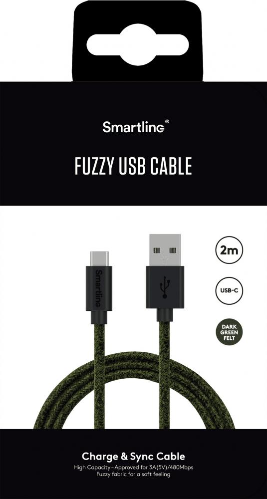 Smartline Smartline 2m 3A USB-C Fuzzy Laddningskabel Grn - Teknikhallen.se