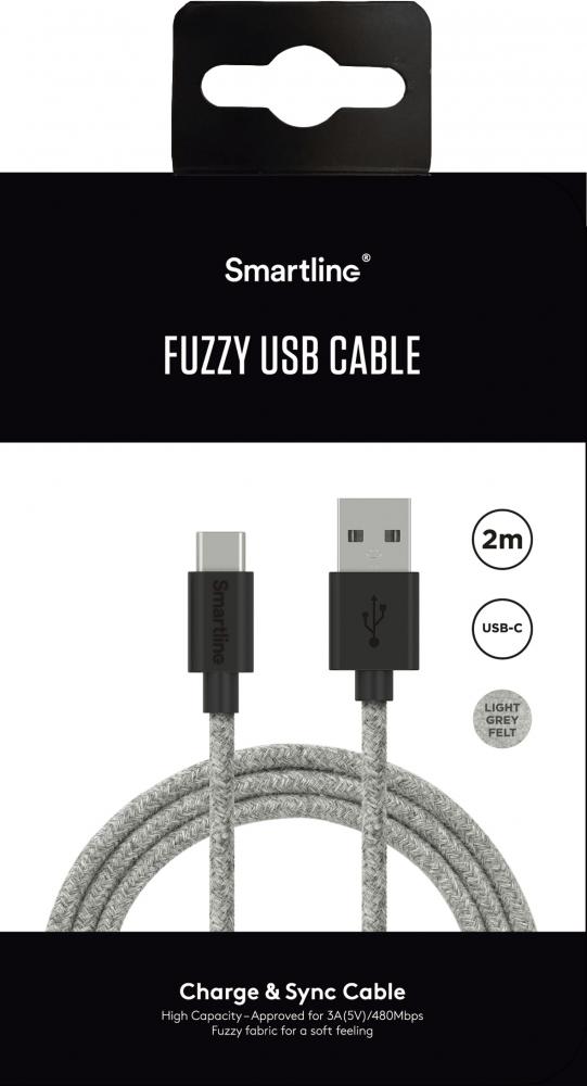 Smartline Smartline 2m 3A USB-C Fuzzy Laddningskabel Gr - Teknikhallen.se