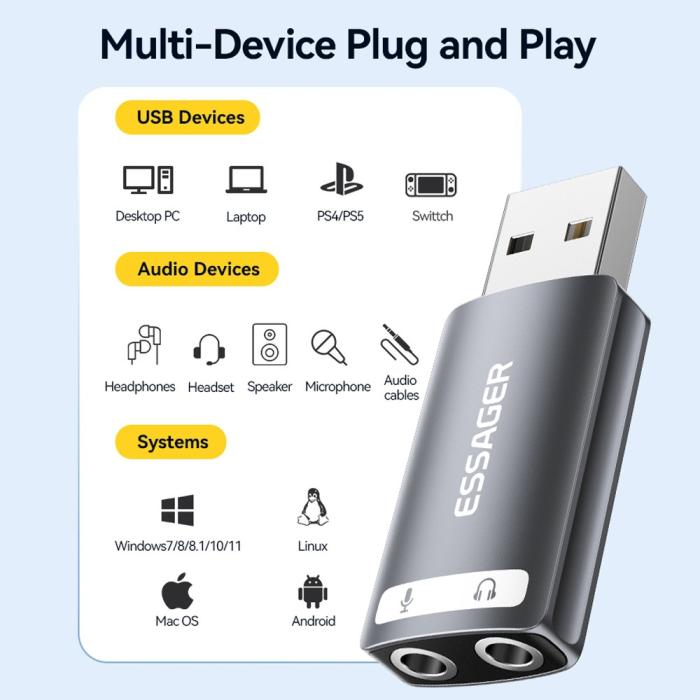 Bild 5, ESSAGER ESSAGER USB-A till 2x AUX 3.5mm Adapter - Teknikhallen.se