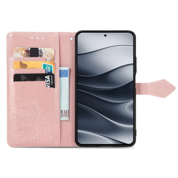 Bild 2,  Xiaomi Redmi Note 14 5G Fodral Läder Mandala Tryck Roséguld - Teknikhallen.se