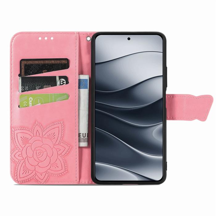 Bild 2,  Xiaomi Redmi Note 14 5G Fodral Läder Fjäril Tryck Rosa - Teknikhallen.se