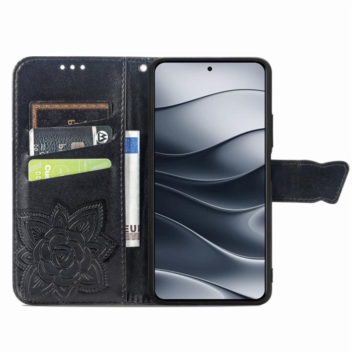 Bild 2,  Xiaomi Redmi Note 14 5G Fodral Läder Fjäril Tryck Svart - Teknikhallen.se