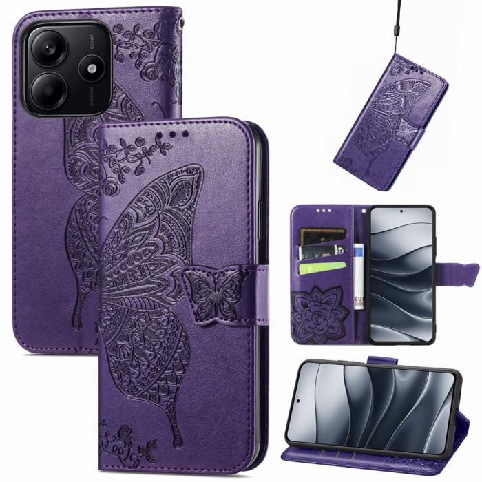 Bild 4,  Xiaomi Redmi Note 14 5G Fodral Läder Fjäril Tryck Mörk Lila - Teknikhallen.se