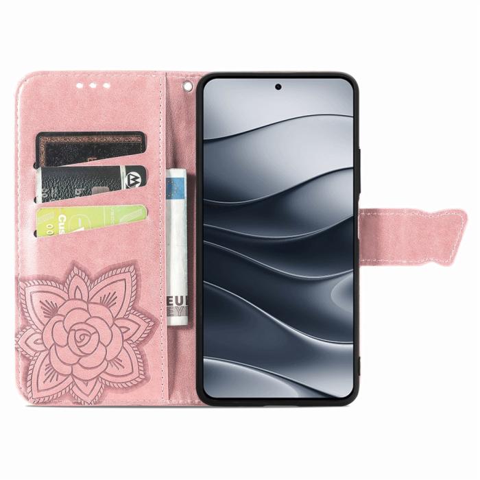 Bild 2,  Xiaomi Redmi Note 14 5G Fodral Läder Fjäril Tryck Roséguld - Teknikhallen.se