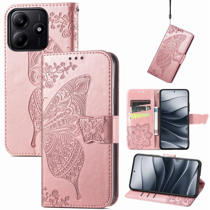 Bild 6,  Xiaomi Redmi Note 14 5G Fodral Läder Fjäril Tryck Roséguld - Teknikhallen.se