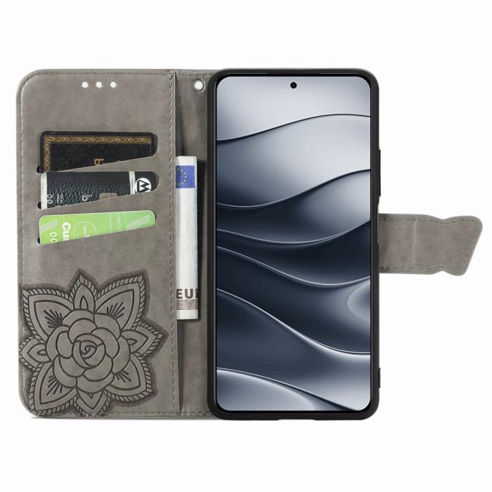 Bild 2,  Xiaomi Redmi Note 14 5G Fodral Läder Fjäril Tryck Grå - Teknikhallen.se