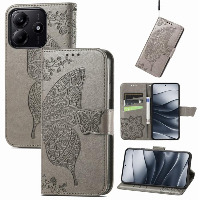 Bild 4,  Xiaomi Redmi Note 14 5G Fodral Läder Fjäril Tryck Grå - Teknikhallen.se