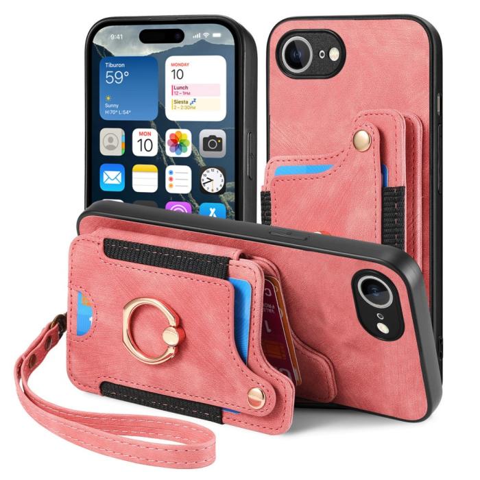 Bild 2,  iPhone 17e / 16e Skal Med Korthållare RFID Retro Läder Rosa - Teknikhallen.se