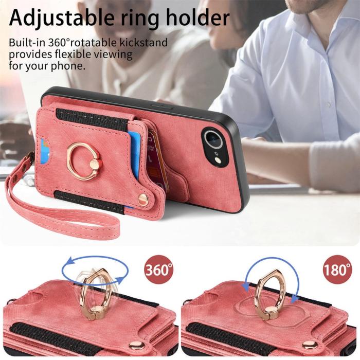 Bild 5,  iPhone 17e / 16e Skal Med Korthållare RFID Retro Läder Rosa - Teknikhallen.se