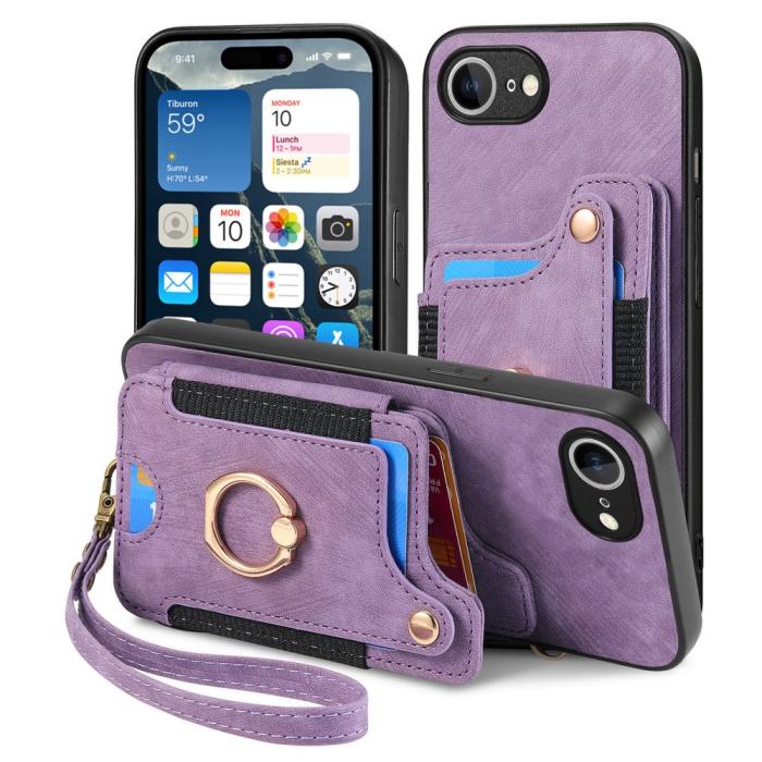Bild 2,  iPhone 17e / 16e Skal Med Korthållare RFID Retro Läder Lila - Teknikhallen.se