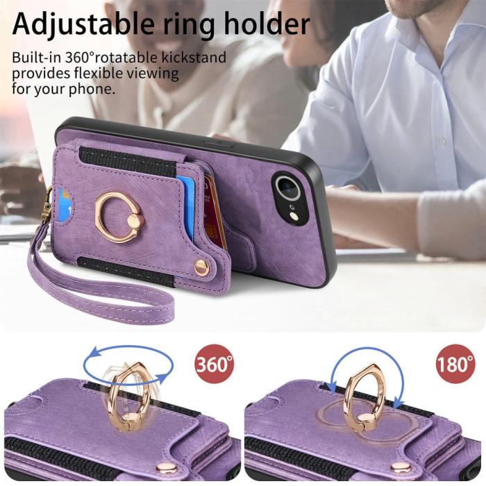 Bild 5,  iPhone 17e / 16e Skal Med Korthållare RFID Retro Läder Lila - Teknikhallen.se