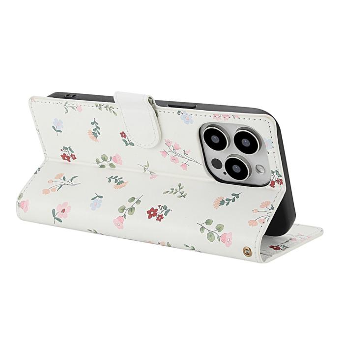 Bild 3,  iPhone 16 Pro Max Fodral Rhombus Läder Blommor Vit - Teknikhallen.se