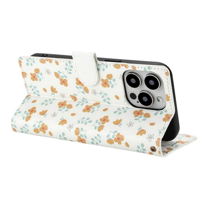 Bild 3,  iPhone 16 Pro Max Fodral Rhombus Läder Blommor Vit - Teknikhallen.se