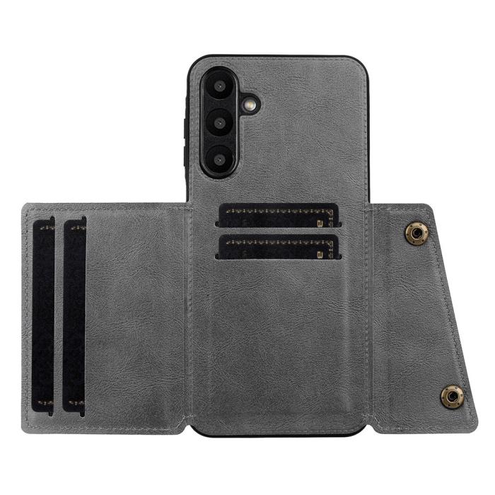 Bild 3,  Samsung Galaxy A57 5G Skal Läder Med Kortfack Och Magnet Grå - Teknikhallen.se