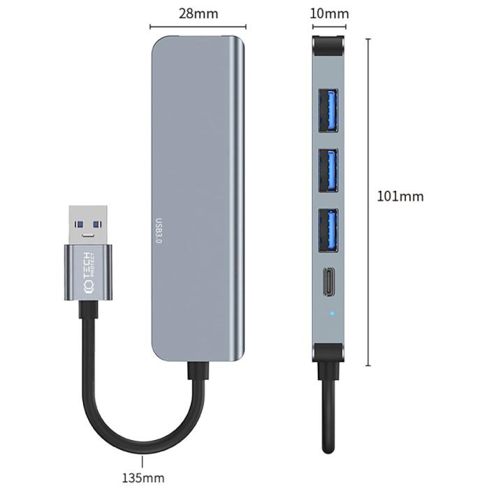 Bild 5, Tech-Protect Tech-Protect 5in1 USB-A Hub USB-C / USB-A Grå - Teknikhallen.se