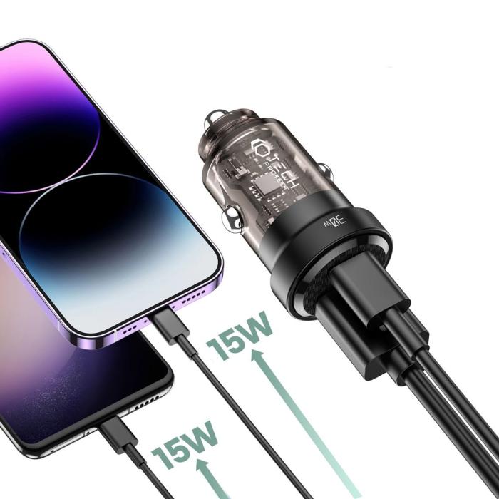 Bild 2, Tech-Protect Tech-Proctet 30W PD QC USB-C/USB-A Billaddare Svart - Teknikhallen.se