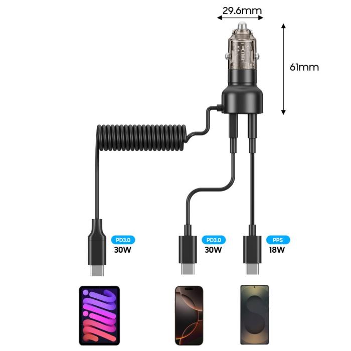Bild 2, Tech-Protect Tech-Protect 60W PD USB-C/USB-A Billaddare Inkl. Kabel Svart - Teknikhallen.se