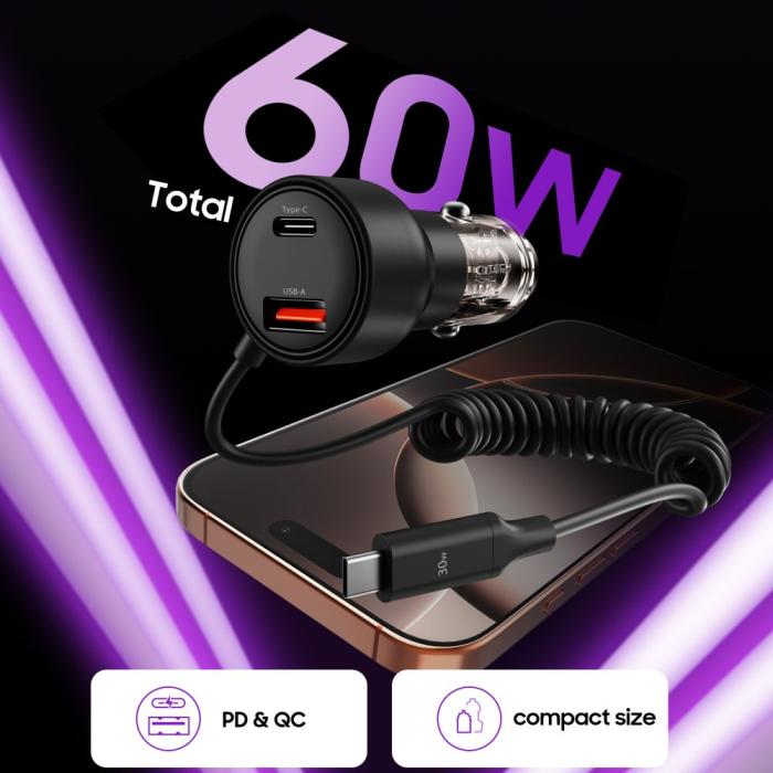 Bild 3, Tech-Protect Tech-Protect 60W PD USB-C/USB-A Billaddare Inkl. Kabel Svart - Teknikhallen.se