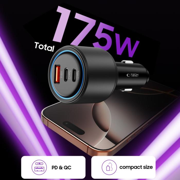 Bild 4, Tech-Protect Tech-Protect 175W PD USB-C / USB-A Billaddare Svart - Teknikhallen.se