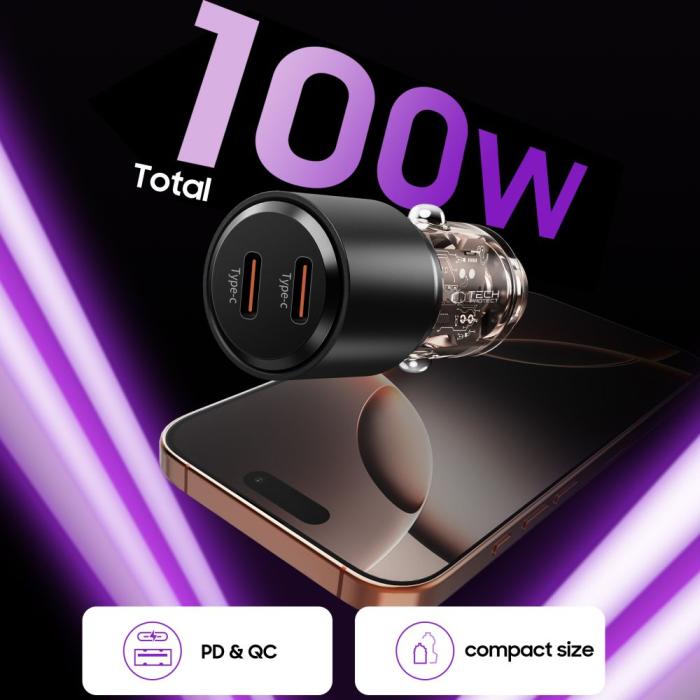 Bild 4, Tech-Protect Tech-Protect 100W PD USB-C / USB-A Billaddare Svart - Teknikhallen.se