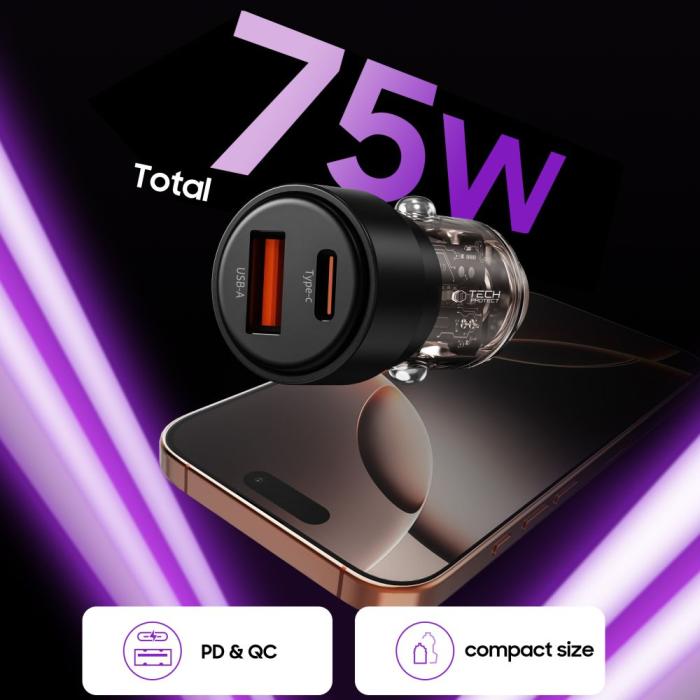 Bild 4, Tech-Protect Tech-Protect 75W PD USB-C / USB-A Billaddare Svart - Teknikhallen.se