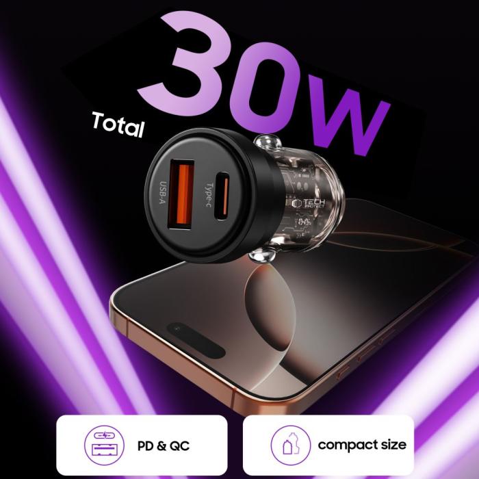 Bild 4, Tech-Protect Tech-Protect 30W PD QC Billaddare USB-C / USB-A Svart - Teknikhallen.se