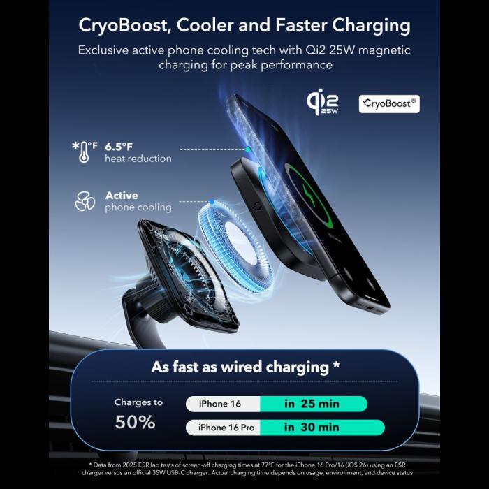 Bild 3, ESR ESR 25W Qi2.2 Magnetisk MagSafe Billaddare CryoBoost Svart - Teknikhallen.se