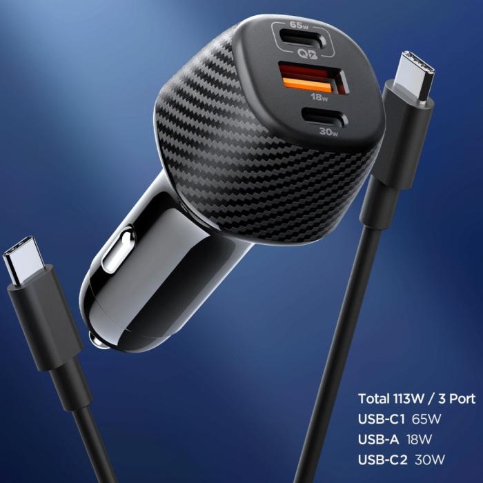 Bild 2, Spigen Spigen 113W USB-C / USB-A Billaddare Essential Svart - Teknikhallen.se