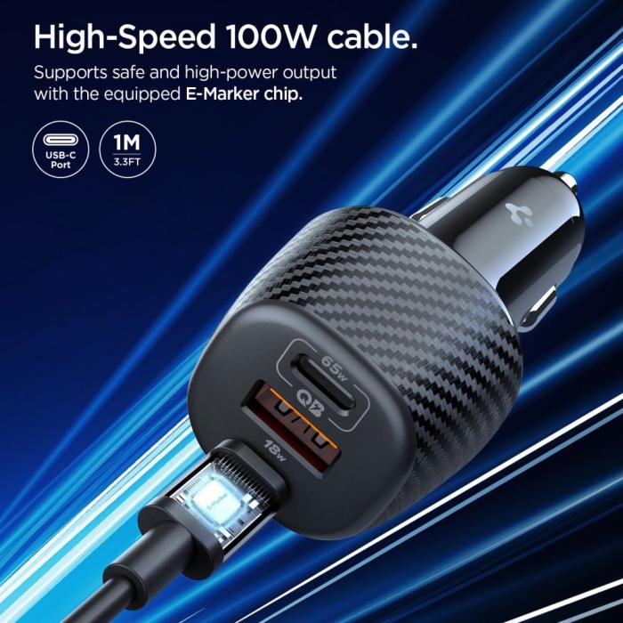 Bild 4, Spigen Spigen 113W USB-C / USB-A Billaddare Essential Svart - Teknikhallen.se