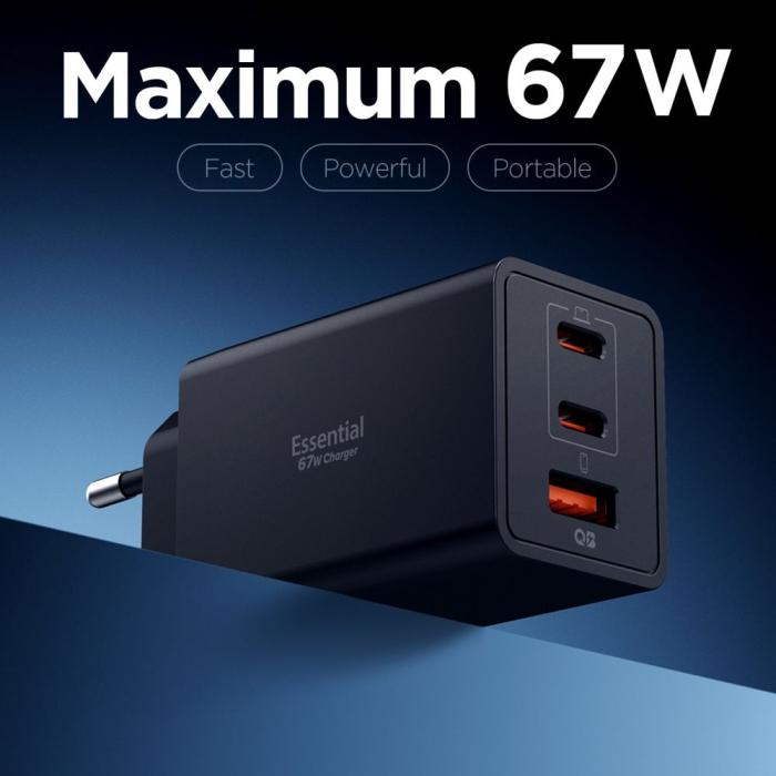 Bild 2, Spigen Spigen 67W Väggladdare 2x USB-C / USB-A Essential Svart - Teknikhallen.se