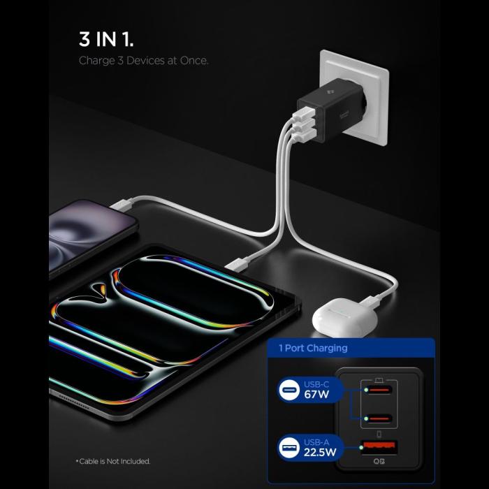 Bild 3, Spigen Spigen 67W Väggladdare 2x USB-C / USB-A Essential Svart - Teknikhallen.se