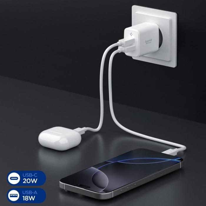 Bild 5, Spigen Spigen 20W Väggladdare USB-C / USB-A Essential Vit - Teknikhallen.se
