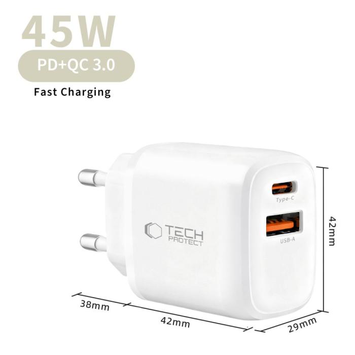 Bild 6, Tech-Protect Tech-Protect 45W PD QC3.0 Väggladdare USB-C / USB-A Vit - Teknikhallen.se