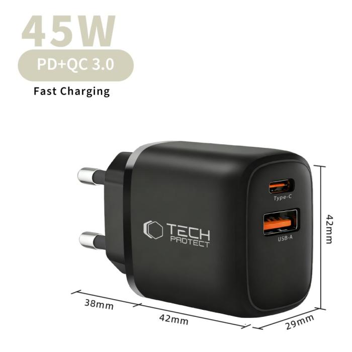 Bild 6, Tech-Protect Tech-Protect 45W PD QC3.0 Väggladdare USB-C / USB-A Svart - Teknikhallen.se