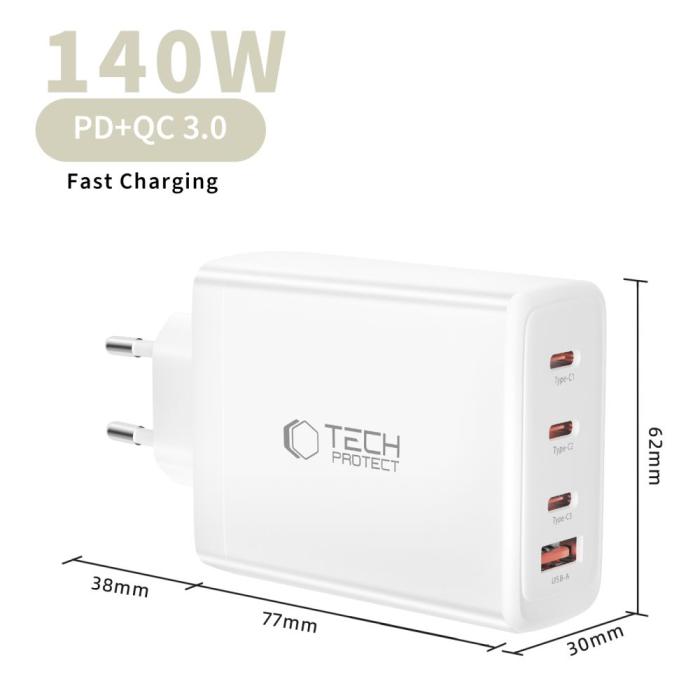 Bild 5, Tech-Protect Tech-Protect 140W Väggladdare PD QC3.0 USB-C/USB-A Vit - Teknikhallen.se
