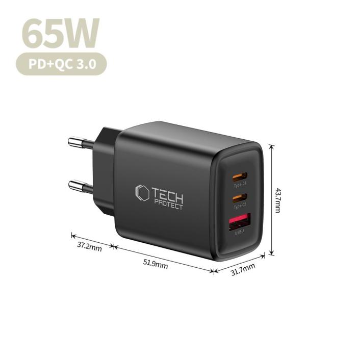 Bild 6, Tech-Protect Tech-Protect 65W Väggladdare PD QC3.0 USB-C / USB-A Svart - Teknikhallen.se