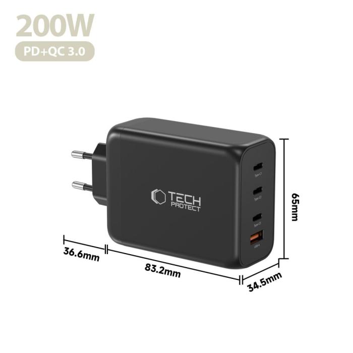 Bild 5, Tech-Protect Tech-Protect 200W Väggladdare PD QC3.0 USB-C / USB-A Svart - Teknikhallen.se