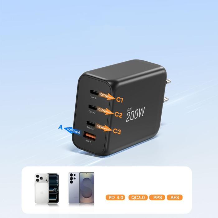 Bild 6, Tech-Protect Tech-Protect 200W Väggladdare PD QC3.0 USB-C / USB-A Svart - Teknikhallen.se