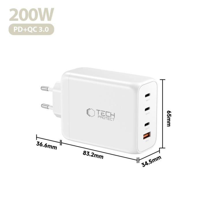 Bild 5, Tech-Protect Tech-Protect 200W Väggladdare PD QC3.0 USB-C / USB-A Vit - Teknikhallen.se