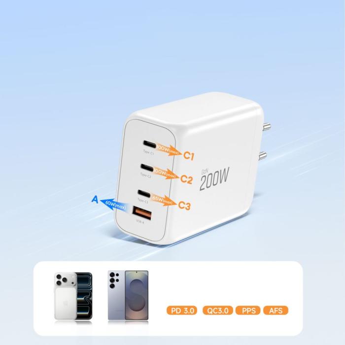 Bild 6, Tech-Protect Tech-Protect 200W Väggladdare PD QC3.0 USB-C / USB-A Vit - Teknikhallen.se