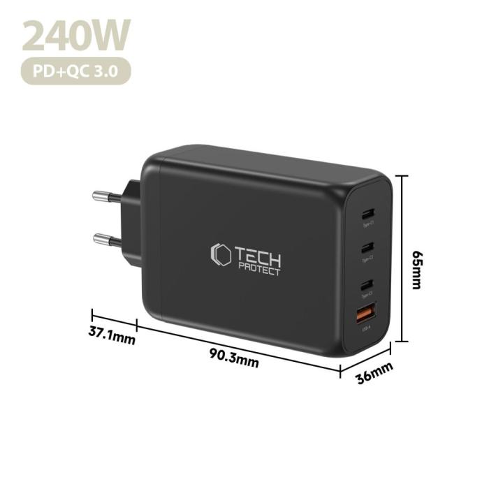 Bild 5, Tech-Protect Tech-Protect 240W Väggladdare PD QC3.0 USB-C / USB-A Svart - Teknikhallen.se