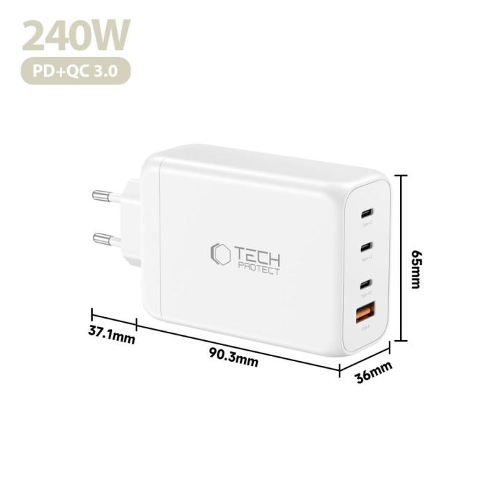 Bild 5, Tech-Protect Tech-Protect 240W Väggladdare PD QC3.0 USB-C / USB-A Vit - Teknikhallen.se