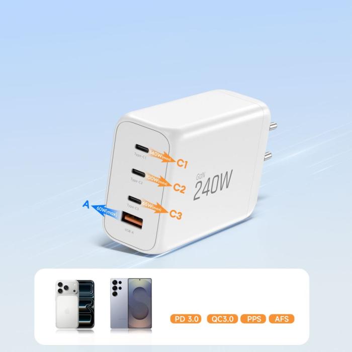 Bild 6, Tech-Protect Tech-Protect 240W Väggladdare PD QC3.0 USB-C / USB-A Vit - Teknikhallen.se