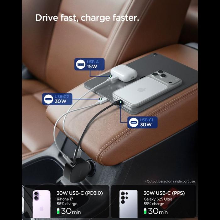 Bild 3, Spigen Spigen 60W USB-C / USB-A Billaddare Essentail Svart - Teknikhallen.se