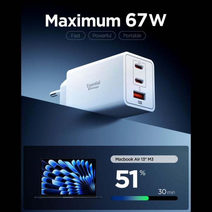 Bild 2, Spigen Spigen 67W Väggladdare USB-C/USB-A Essential Vit - Teknikhallen.se