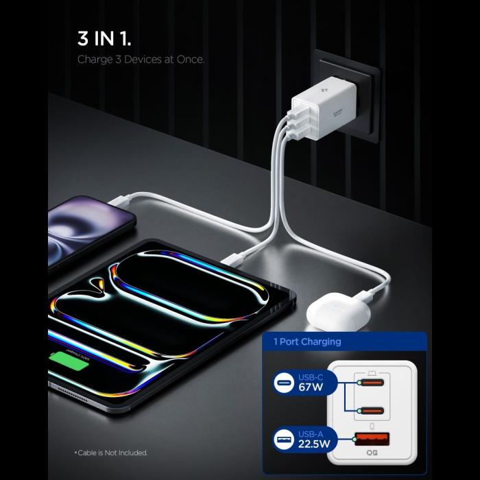 Bild 3, Spigen Spigen 67W Väggladdare USB-C/USB-A Essential Vit - Teknikhallen.se