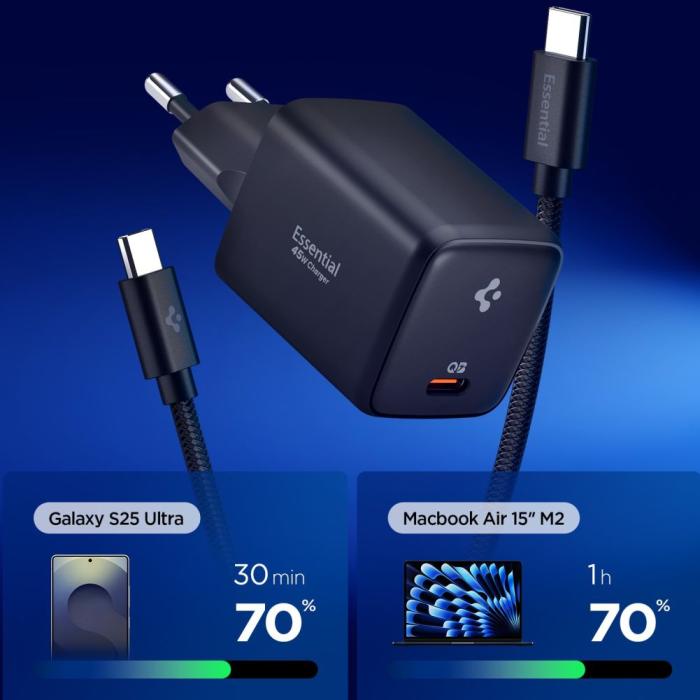 Bild 2, Spigen Spigen 45W Väggladdare Inkl. USB-C Kabel Essential Svart - Teknikhallen.se