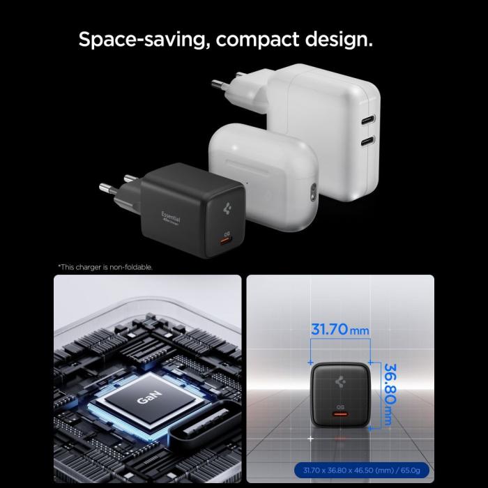 Bild 3, Spigen Spigen 45W Väggladdare Inkl. USB-C Kabel Essential Svart - Teknikhallen.se
