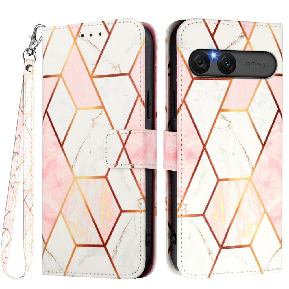  Sony Xperia 10 VII Fodral Läder Marmor Rosa / Vit - Teknikhallen.se